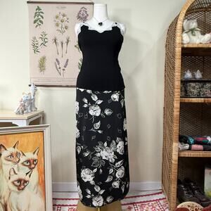 Vintage 90s Y2k Black White Floral Rose Maxi Skirt Dark Coquette Romantic Goth S